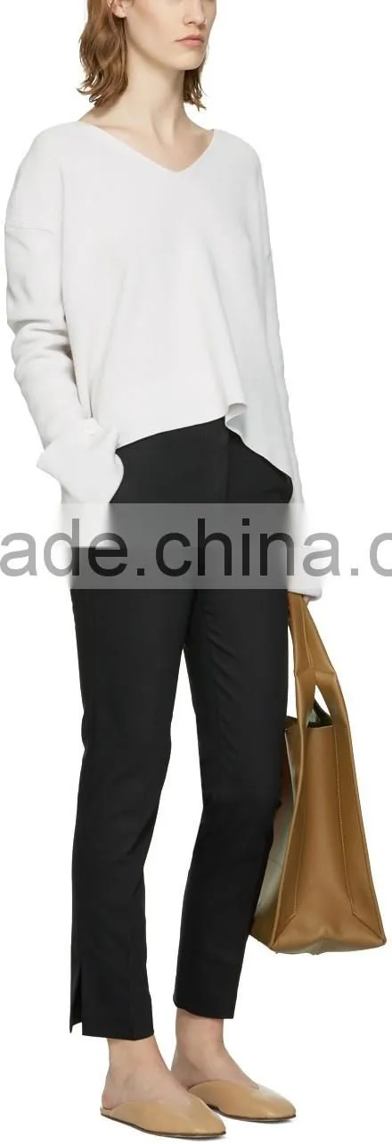 Women Wearing Sexy Design V Neck Blank White Sweater with Rolled Cuffs with Buttons