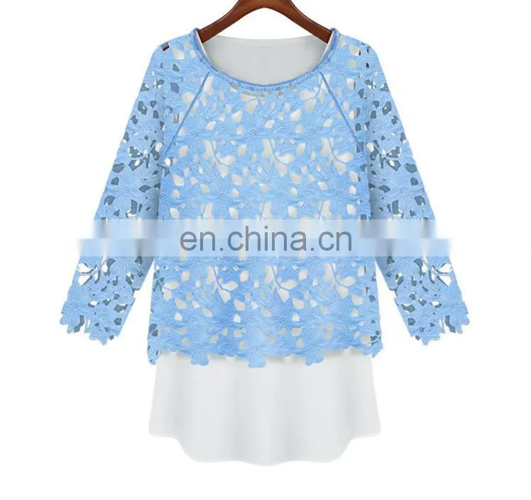 lady fashion round neck lace blouse with chiffon tank top