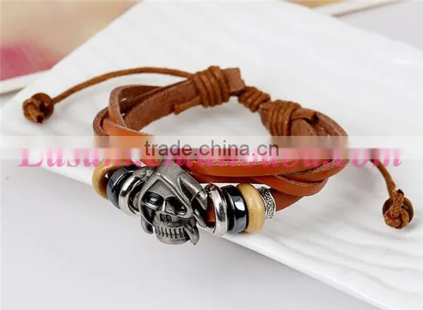 Custom leather braided bracelet with skull