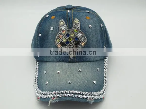 Distressed Denim Baseball Cap With Diamond