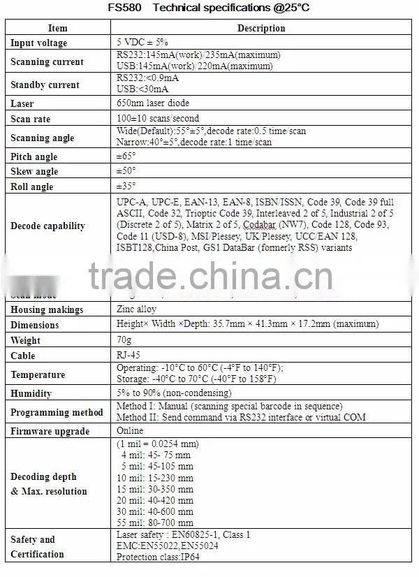 FS580 Industrial Fixed wireless barcode scanner with memory