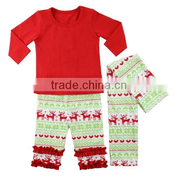 2016 red shirt kids pajamas suit with scarf printed christmas deer ruffle pants baby autumn clothes Christmas infant clothes