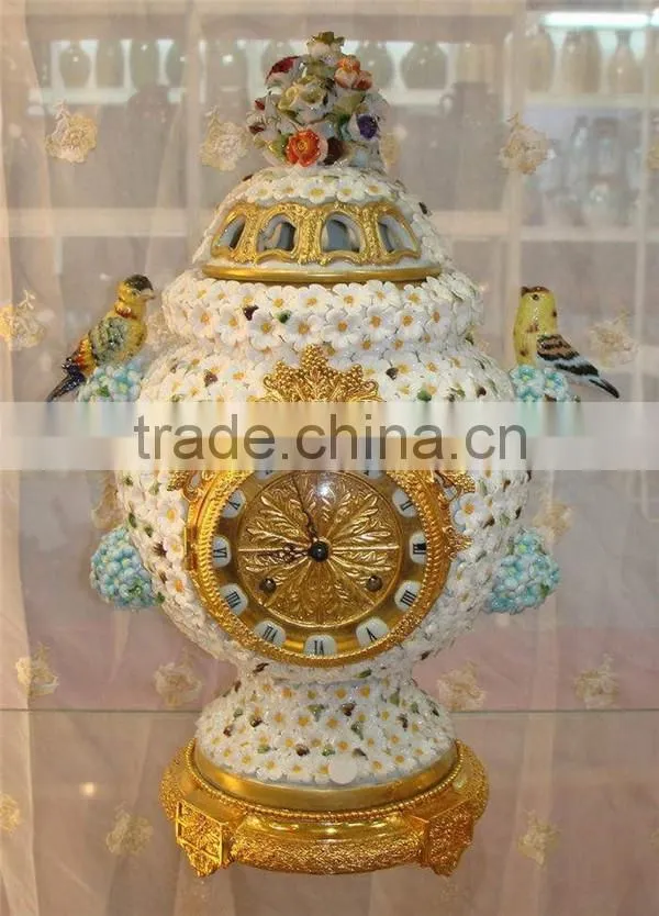 Exquisite Flower and Bird Design Ceramic and Brass Table Clock, Elegant Embedded Urn Jar Table Clock