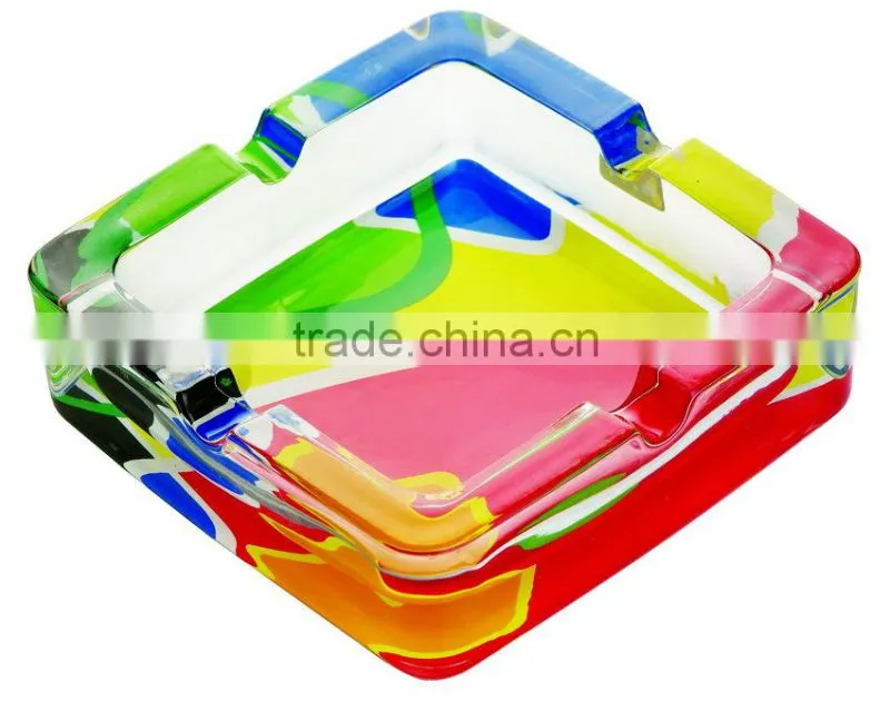 Glass ashtray with decal on bottom,high quality glass ashtray