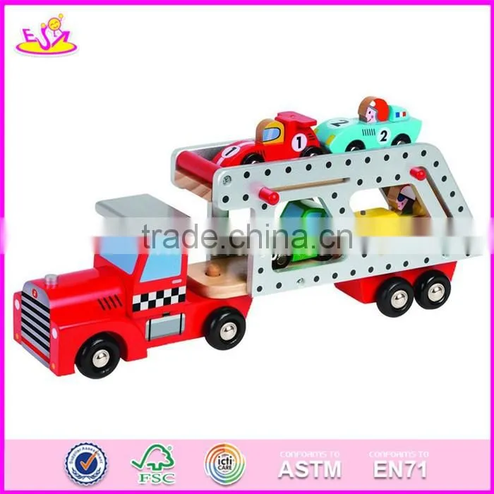 2017 New design funny children wooden toy trucks and trailers with 4 small cars W04A339