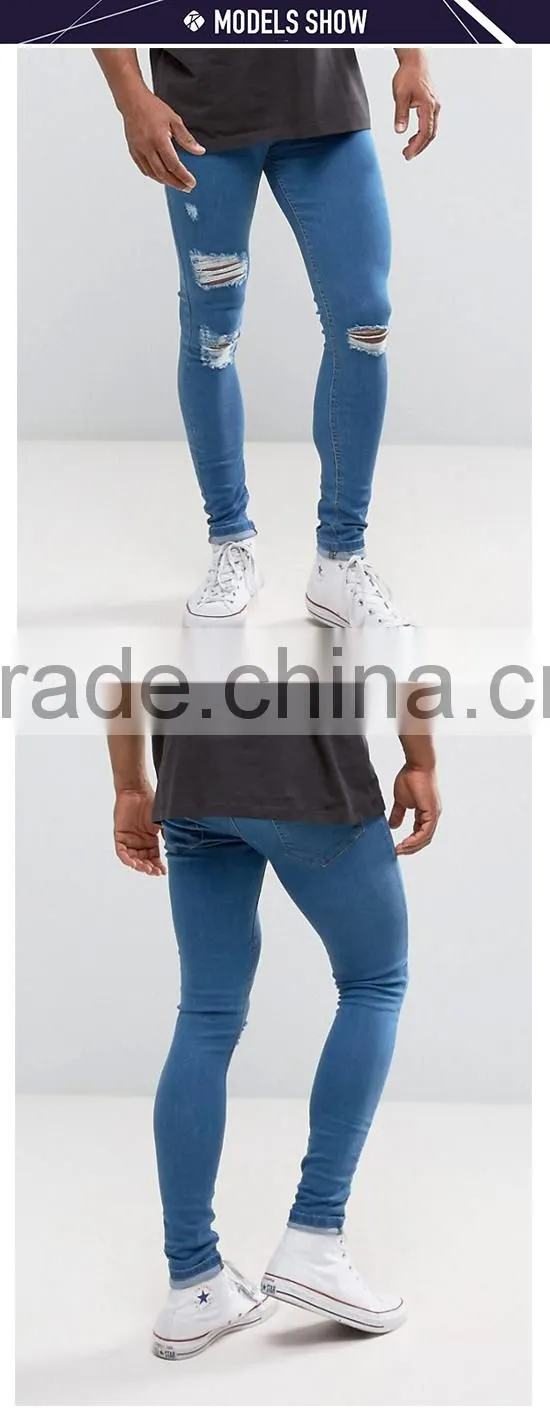 Wholesale designer denim super skinny spray on jeans custom men's ripped damaged jeans pants