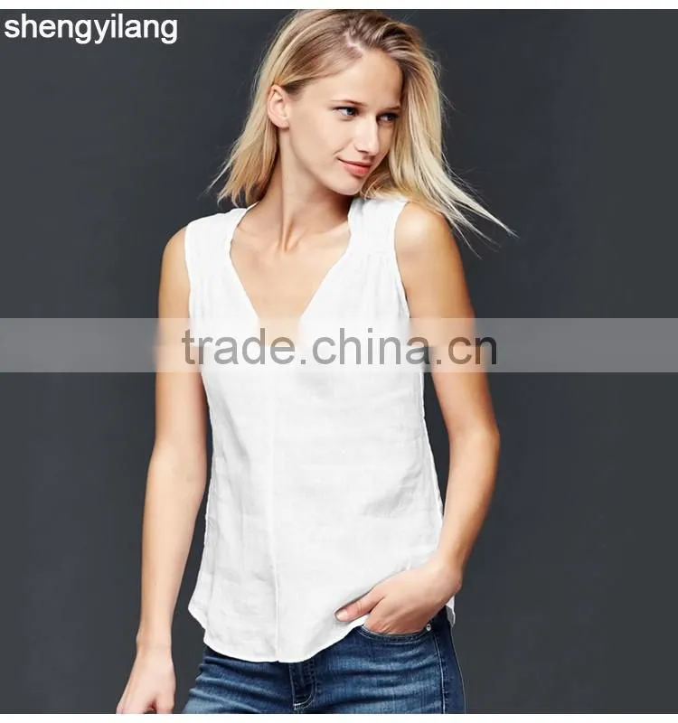 2016 newest product pure color leisure 100% linen vest custom high quality comfortable ladies tops