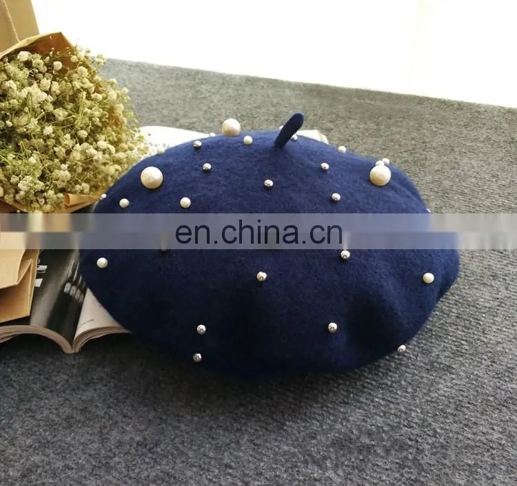 2017 Fashion Woman Spring Pearl Wool Beret Hat
