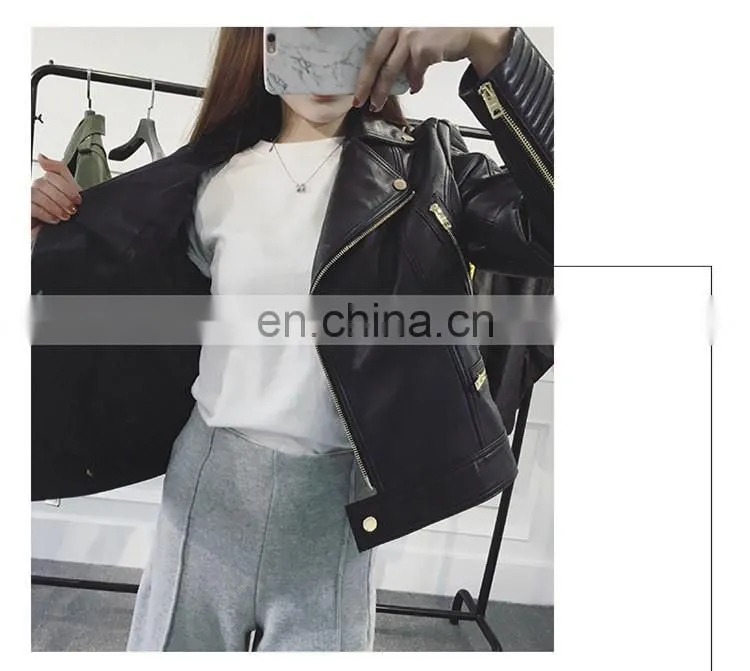 Wholesale Spring Female Long Sleeve Short Beaded Motorcycle Jacket Excelled Leather Jacket