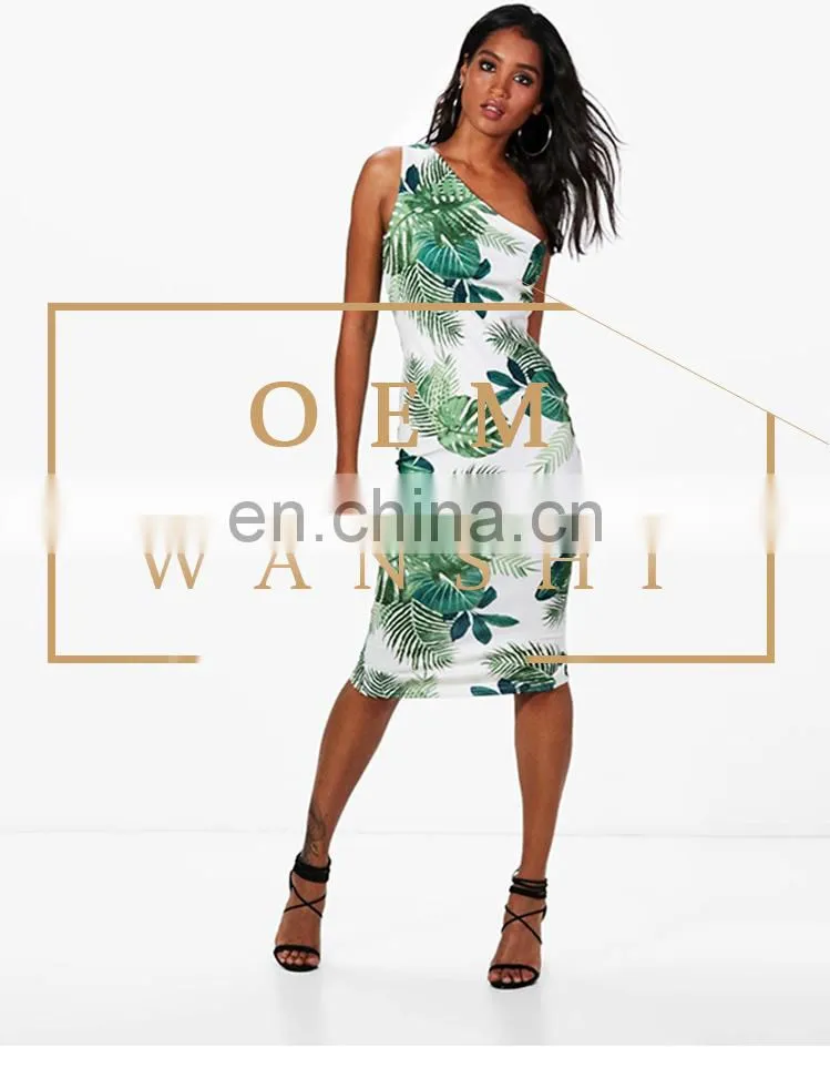 custom high quality Tropical Print One Shoulder Bodycon women Midi Dress