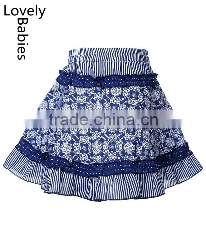 Latest skirt design pictures 2016 girls blue floral and stripe print short skirt