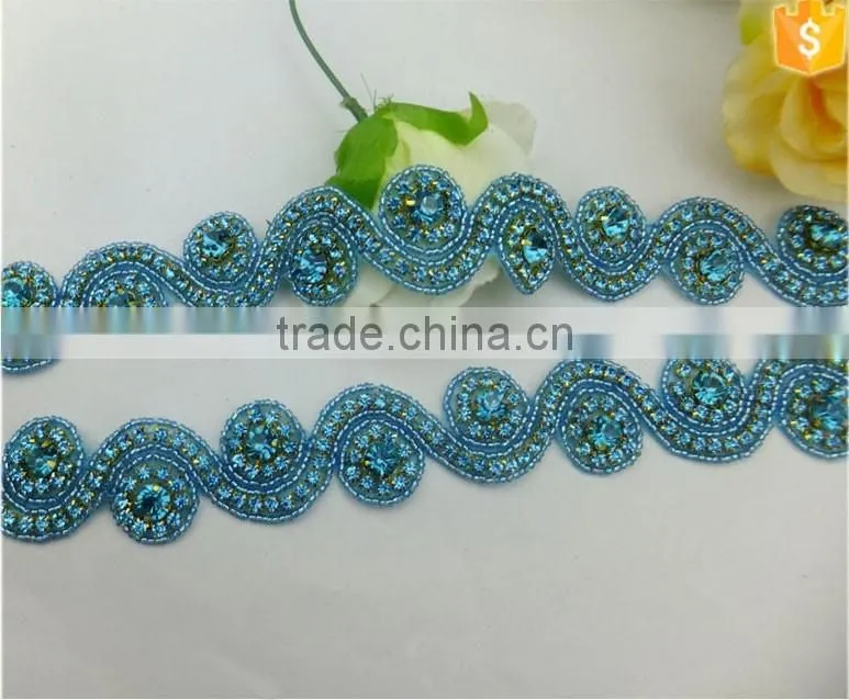 Blue Crystal Rhinestone Bridal Ribbon Belt Sash Applique Trim