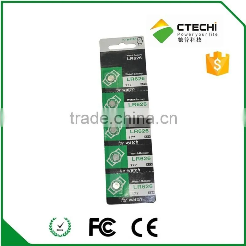 Mercury free LR626/177/AG4 alkaline battery, 1.5V non rechargeable button cell