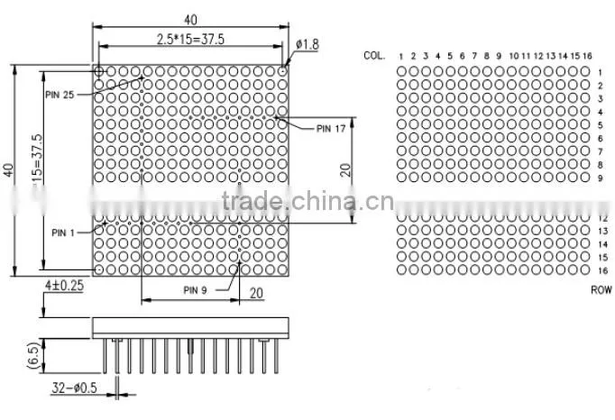 XH-16163BOW NEWSHINE Row Common Anode Single Color Orange 16*16 Matrix Display LED 40x40