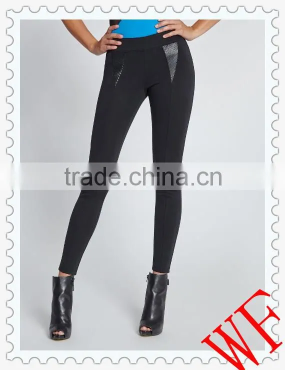 Hot! 2014 wholesale Fashion black strip shiny high waisted faux leather leggings