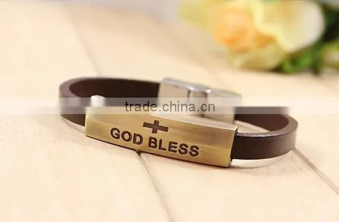 >>New arrival God bless cross leather bracelet/