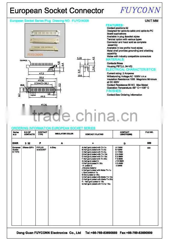 Eurocard connector R Type 3 rows 32P Vertical Male DIN 41612 connector