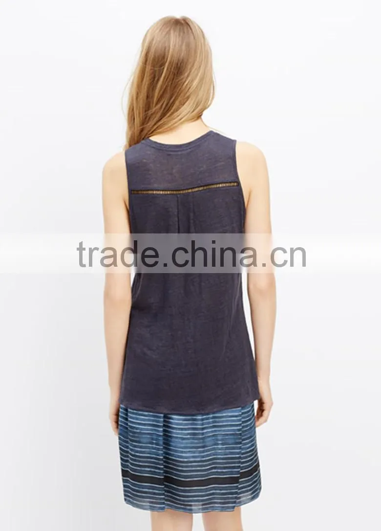2015 New Fashion Ladies Linen Tank With Inset Lace, Lightweight Soft Vest For Women