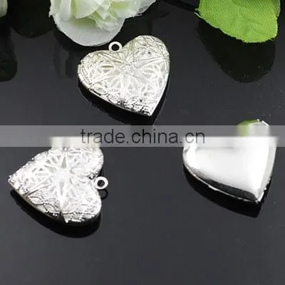 27mm silver plated brass filigree heart photo locket DIY pendant charm supplies 1132001