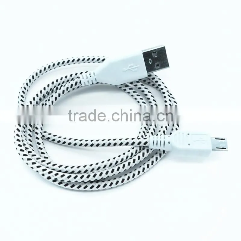 2015 wholesale colorful micro usb cable for Blackberry/HTC/Samsung,2M 6FT fabric nylon braided micro usb cable(white)