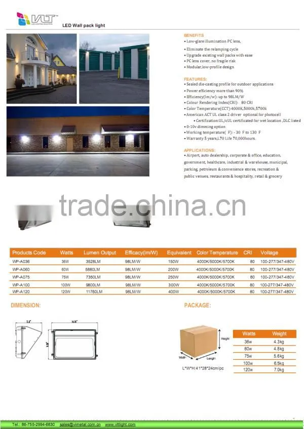 DLC UL TUV 5 Years Warranty Outdoor LED Wall Pack Light