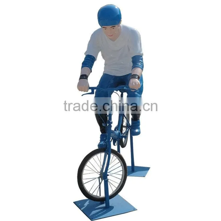 Outdoor FRP man with bicycle statue