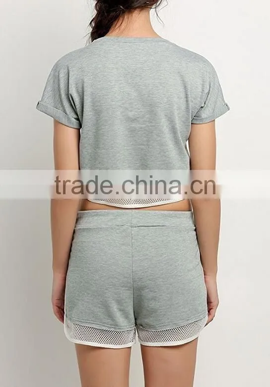 Women's Cheap Fashion Casual American Style Clothing Mesh Trim 2 Piece Set Crop Tops + Pocket Shorts Outfit Suit