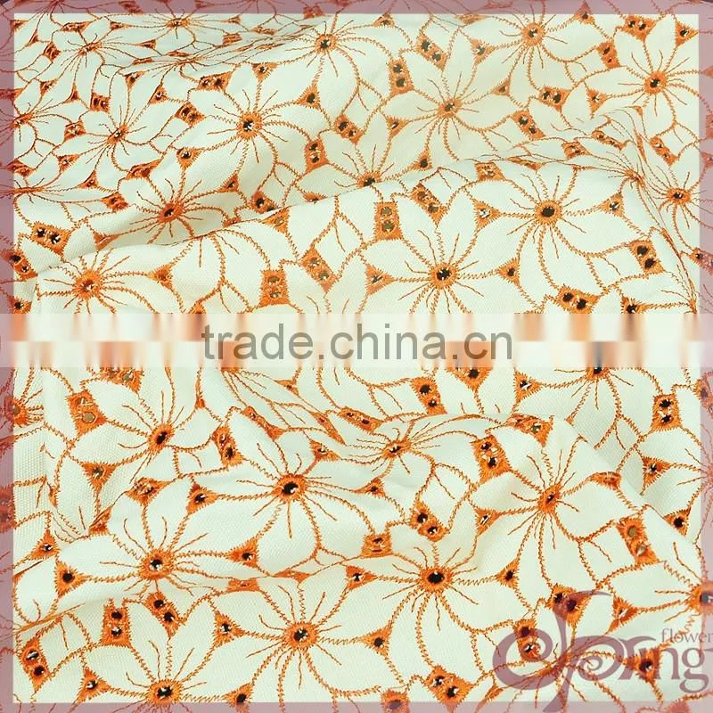 Orange all over flower heavy cotton lace, embroidery design fabric