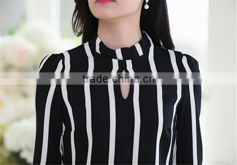 Fashion Korea Womens Stripe Blouse Long Sleeve Shirt Chiffon Slim Fit Tops