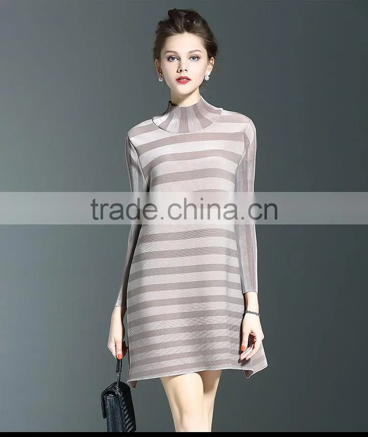 Spring models lady casual clothing stripped turtleneck crinkled dress