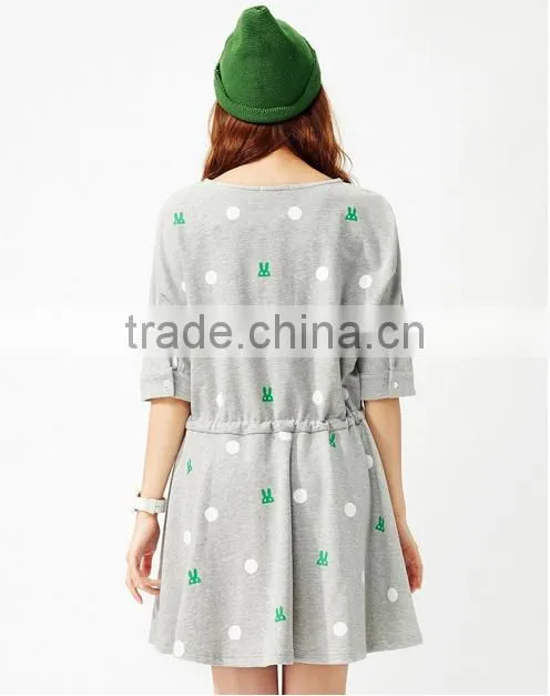 Female money shallow hemp grey knitted rabbit dot printing on the waist rope bat sleeve dress
