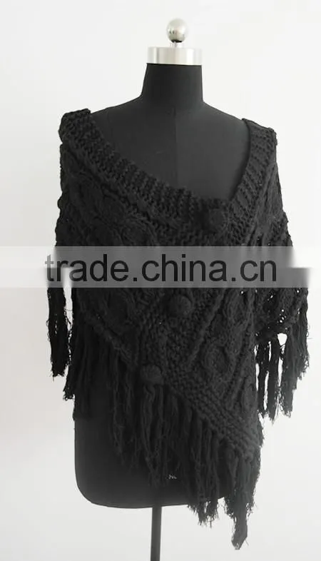 Fashion black hand made cable knit poncho sweater