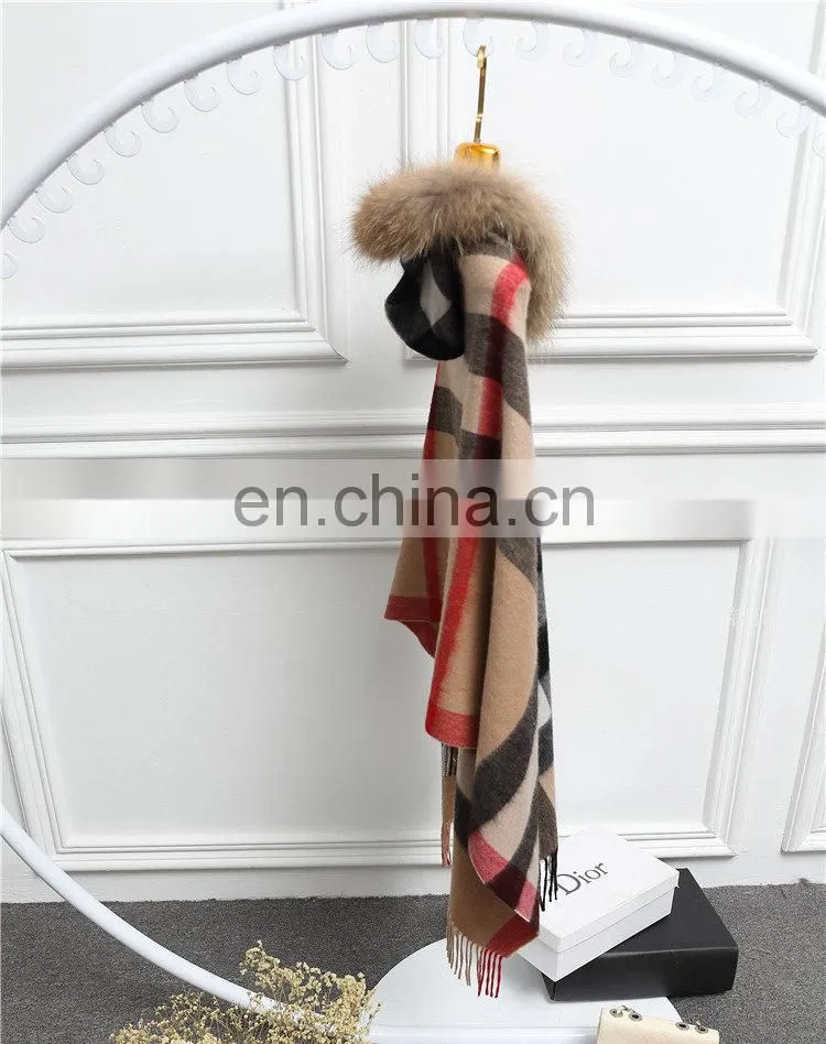 Fashion Women Real Raccoon Fur Hood Shawl Wool Cashmere Scarves Shawls