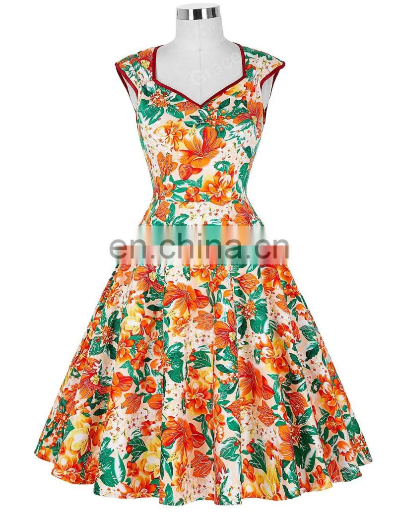 Grace Karin Vintage Flower Pattern Sleeveless Knee Length V-Neck Cotton A-Line 1950s Retro Vintage Dress CL007600-4
