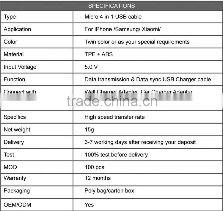 Top quality 4 in 1 charging data micro usb cable for iphone