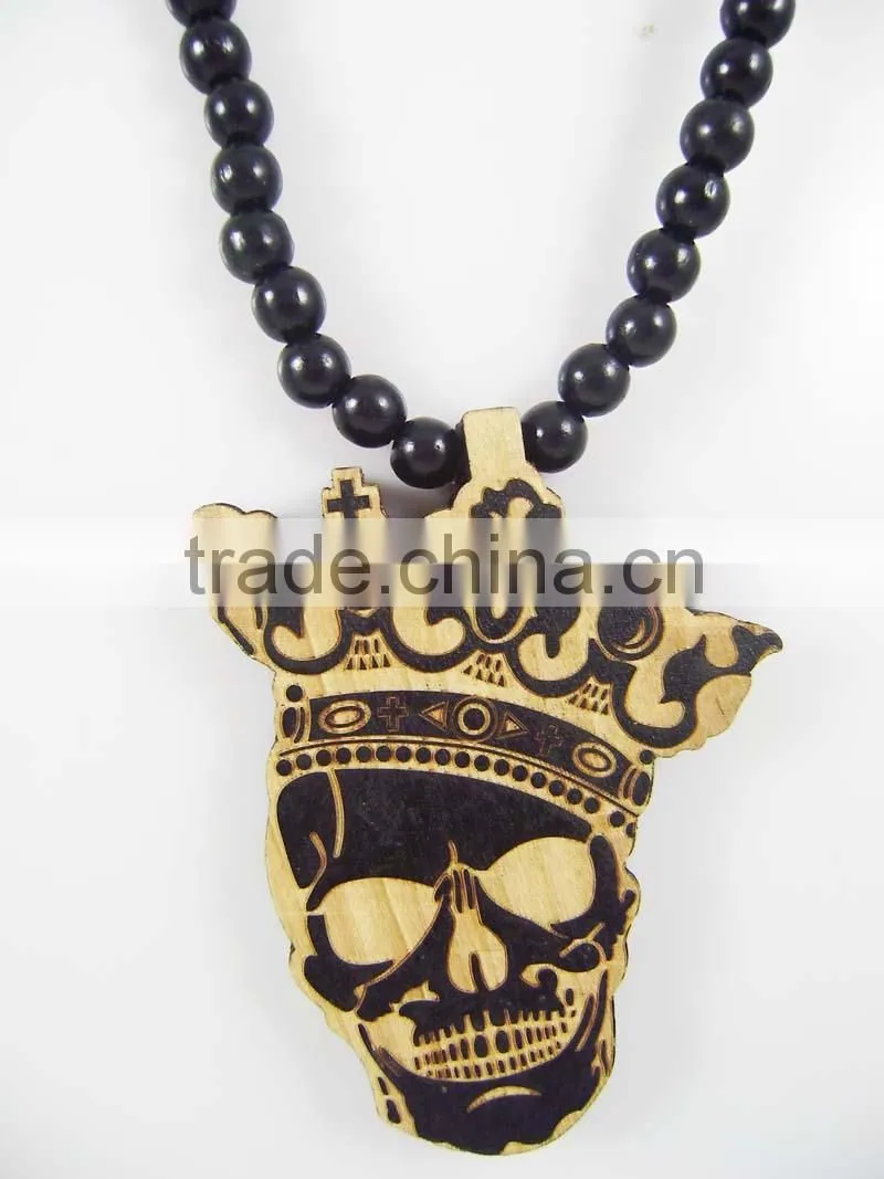 Good quality Hip-hop skull king wood Pendant Bead Chain Necklace