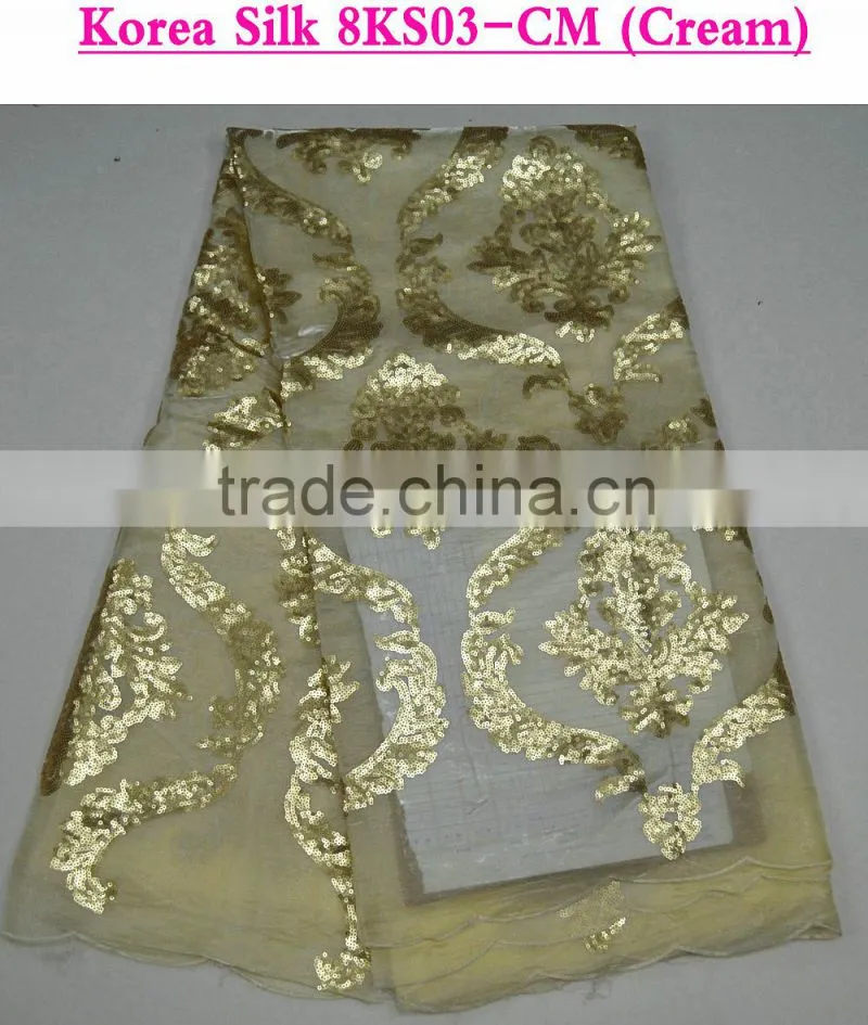 High quality lemon green korean sequins lace fabric