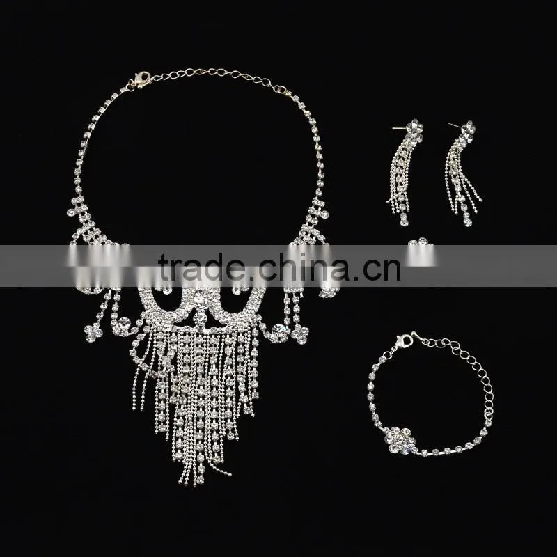 Fahion wedding series woman bulk necklace silver plated diamond bridal jewelry set
