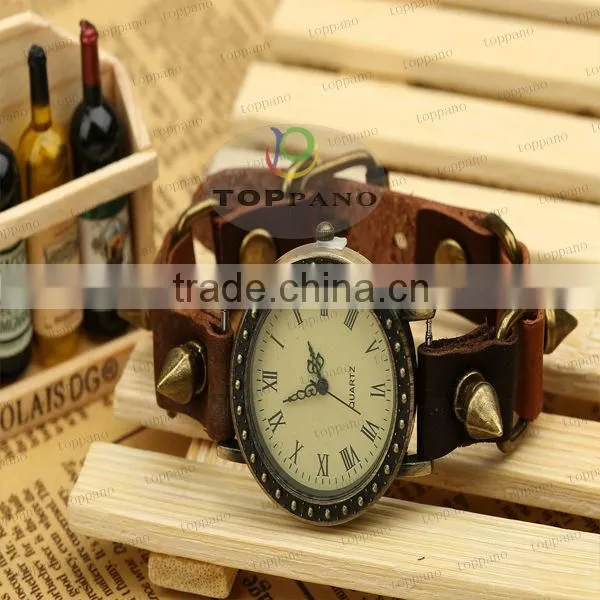 most popular alloy jewelry vintage style teen cow genuine leather bracelet vintage watch bracelet
