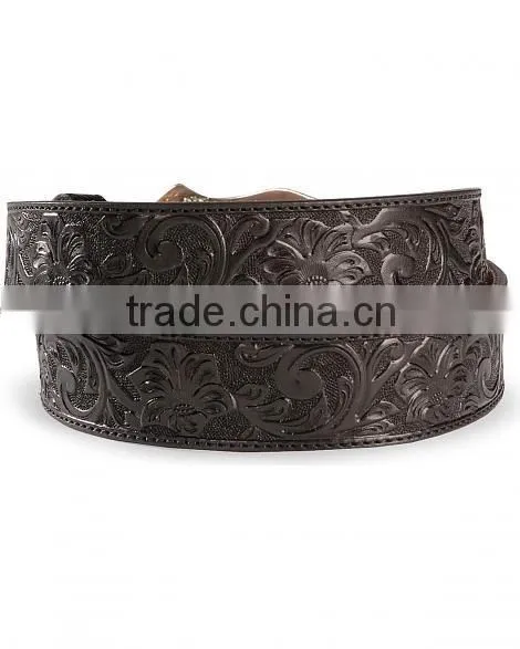 Western cowboy style floral emboss black genuine leather longhorn buckle belt