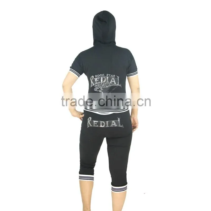 Women short sport jogging suit cotton jersey shiny emb. & print full zipper hooded