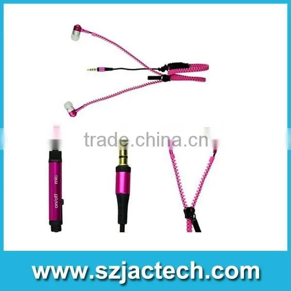 Fashion Colorful Metal Zipper Cable Design Earphone Fashion Earbud With Microphone