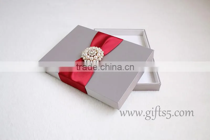 Elegant grey Wedding Invitation Card Box with brooch