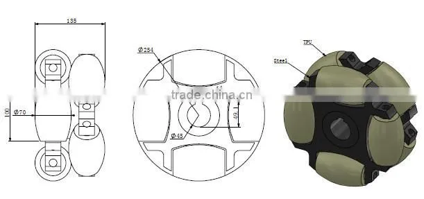 254mm Heavy Duty Industrial omni directional wheel with Pu Roller (professional custom,payload:500KG/pcs )