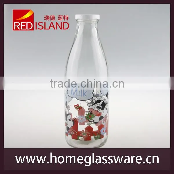 1L 4-color printing milk glass bottle with metal lid