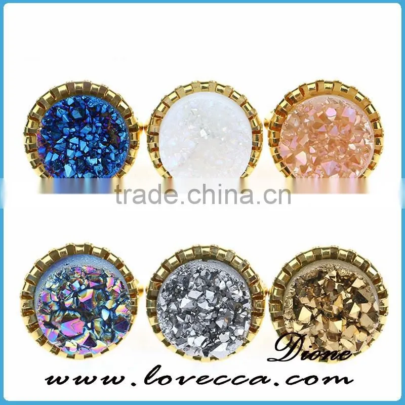 Wholesale Druzy Quartz Ring Blue Natural Druzy Agate Stone Round 10mm Gold