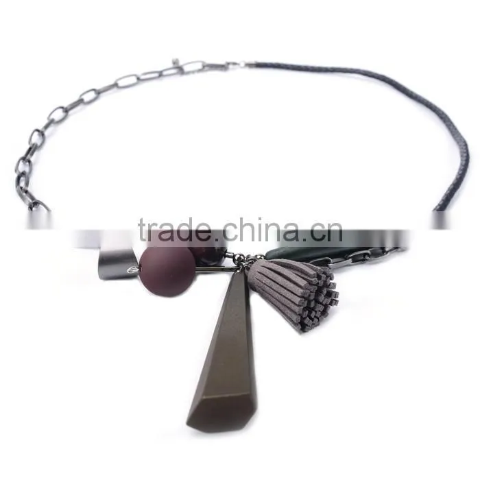 geometric wood bead rubber strip pendant necklace velvet leather tassel necklace chain linked suede leather necklace