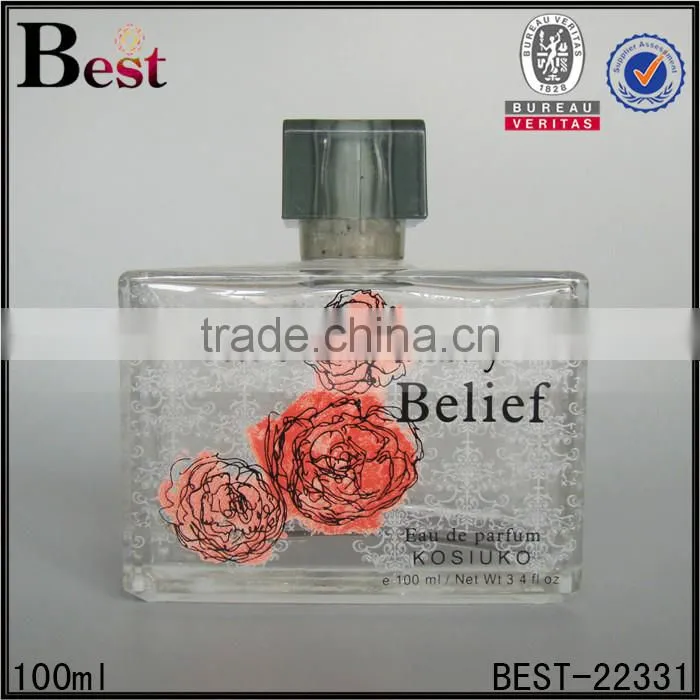 2017 cosmetic perfume bottle 100ml glass square perfume bottle 100ml glass clear perfume bottle 100ml glass with decals