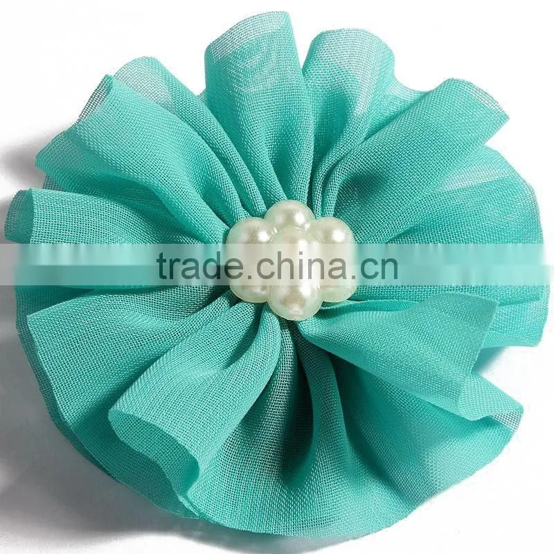 fabric chiffon flower with pearl beads center for kids hair accessories