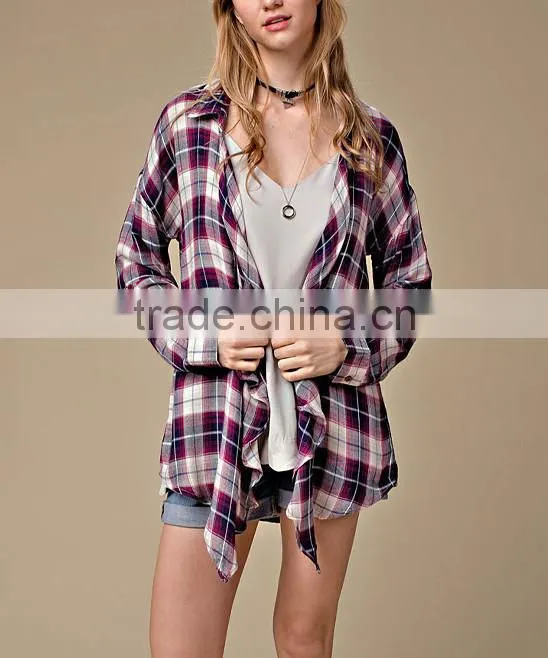 Western Style Europea Lady Hot Sale Spring Autumn Shirt Cardigan Open Front Plaid Button Up Style Casual Cardigan